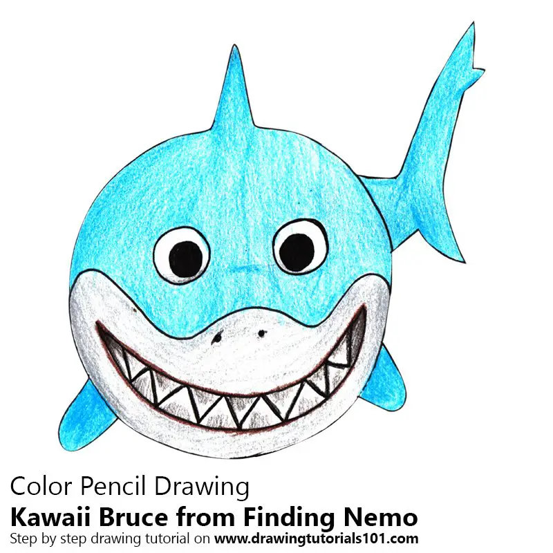 Kawaii Bruce from Finding Nemo Color Pencil Drawing