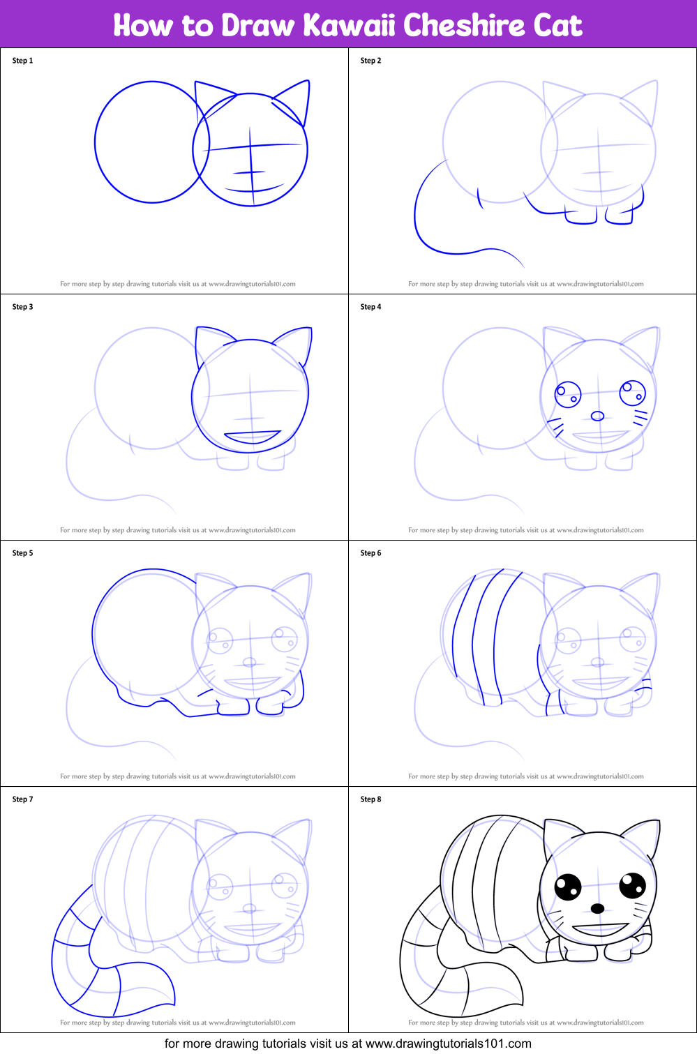 How to Draw Kawaii Cheshire Cat printable step by step drawing sheet ...