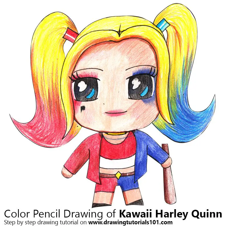 Kawaii Harley Quinn Color Pencil Drawing