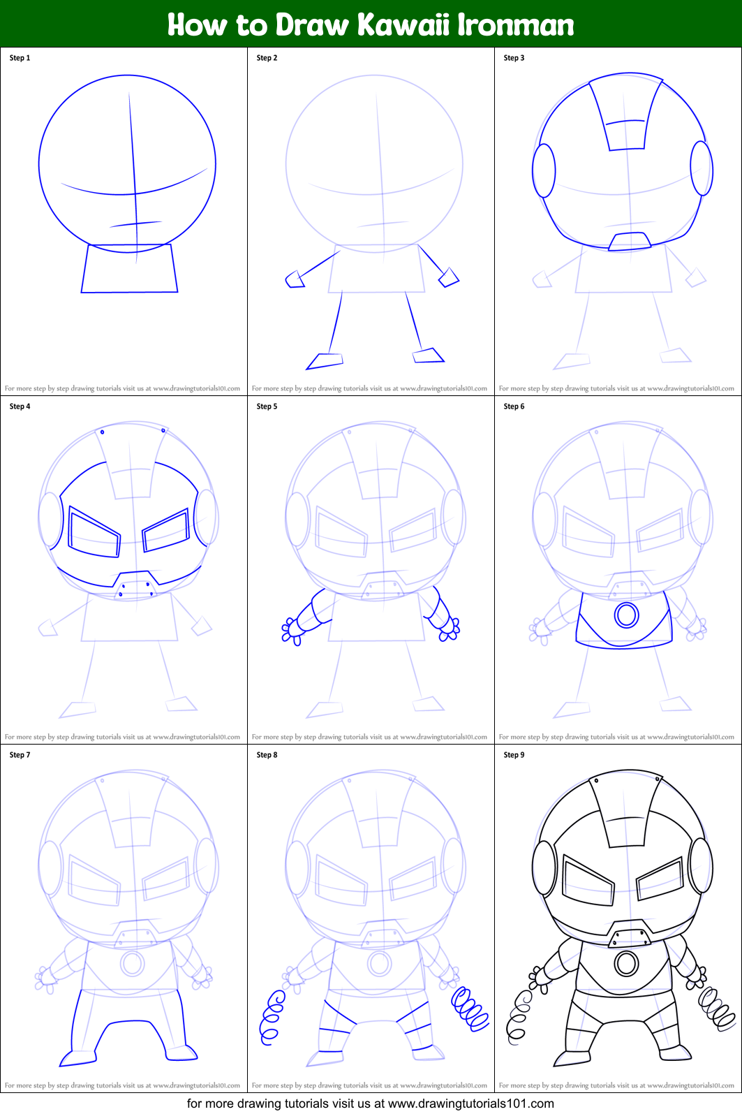 How to Draw Kawaii Ironman printable step by step drawing sheet ...