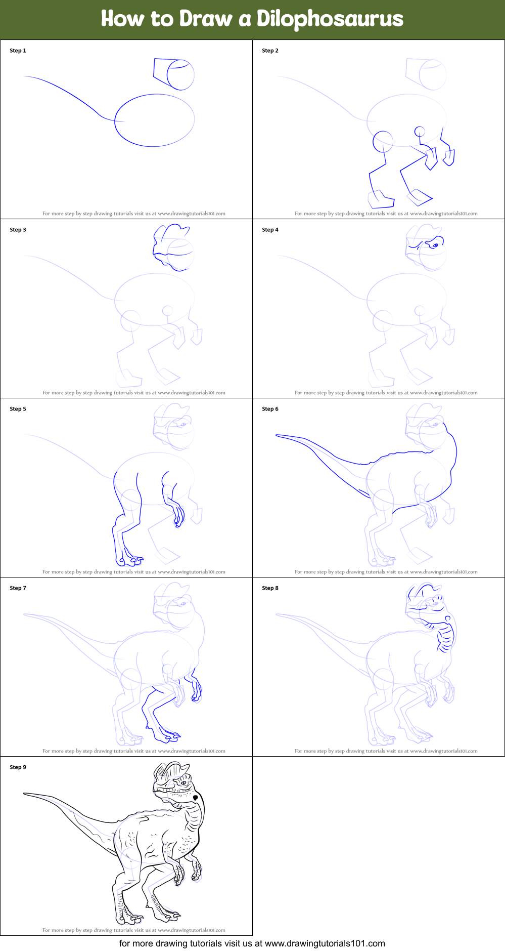 How To Draw A Dilophosaurus Dinosaurs Step By Step