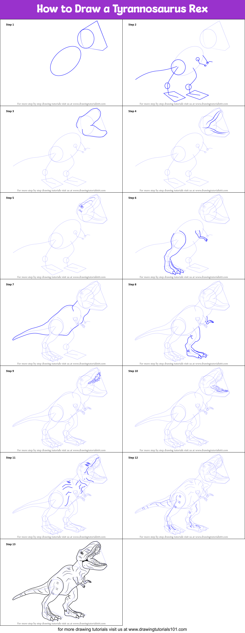 how to draw a tyrannosaurus rex step by step