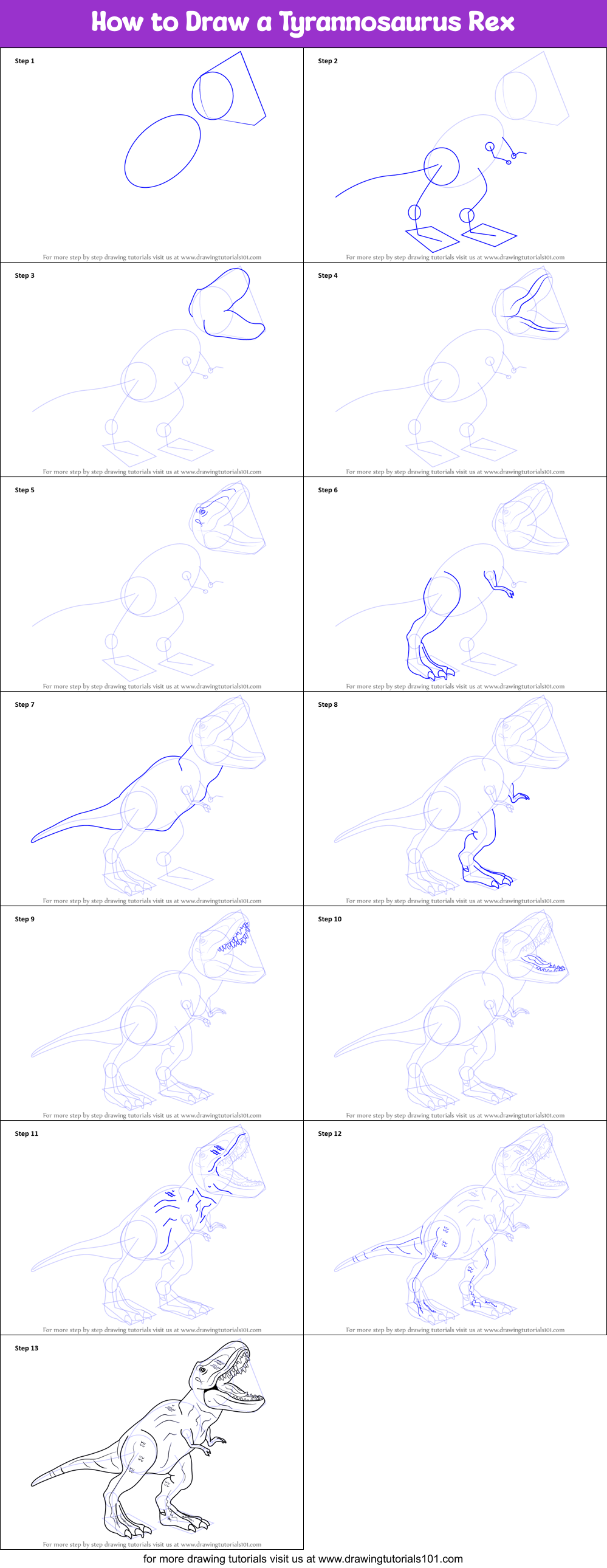 How to Draw a Tyrannosaurus Rex (Dinosaurs) Step by Step