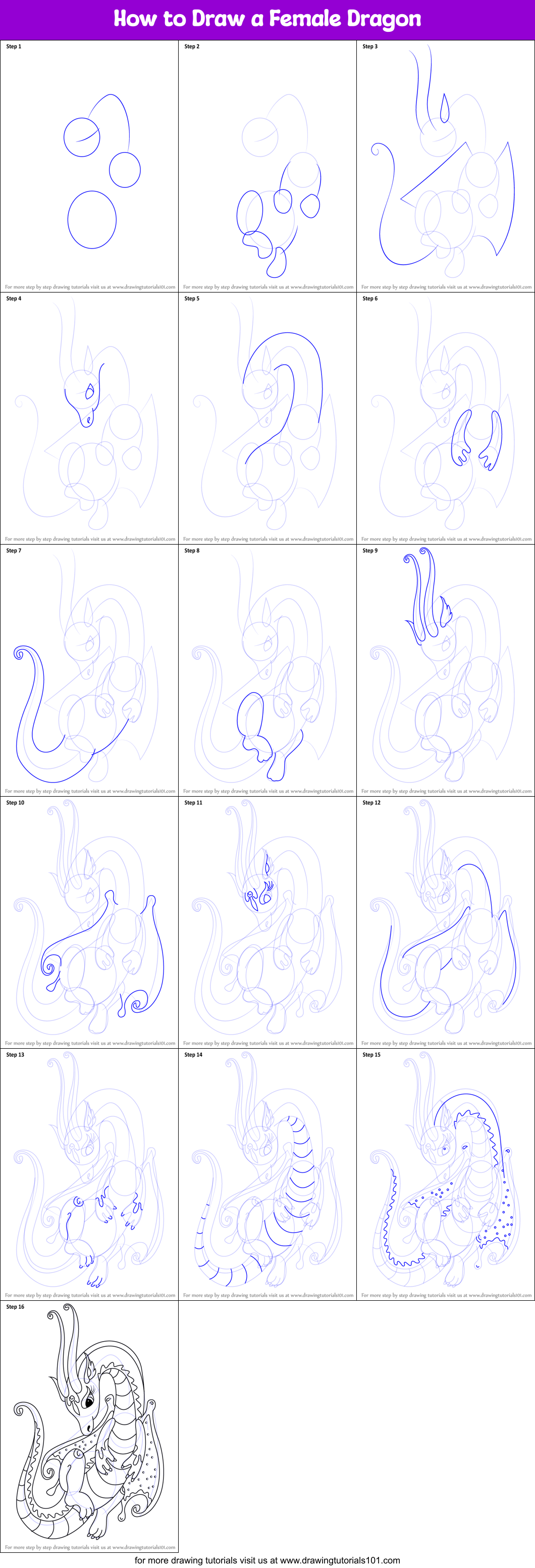 Step by step on How to draw a female dragon