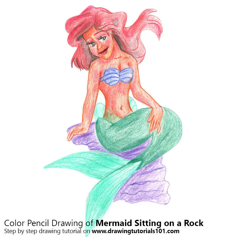 Mermaid Sitting on a Rock Color Pencil Drawing