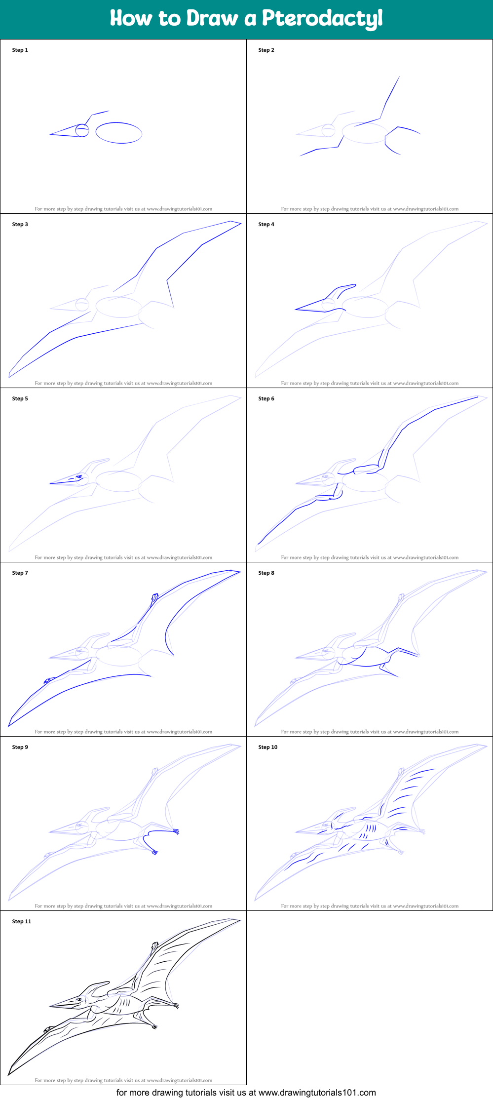 How to Draw a Pterodactyl printable step by step drawing sheet ...