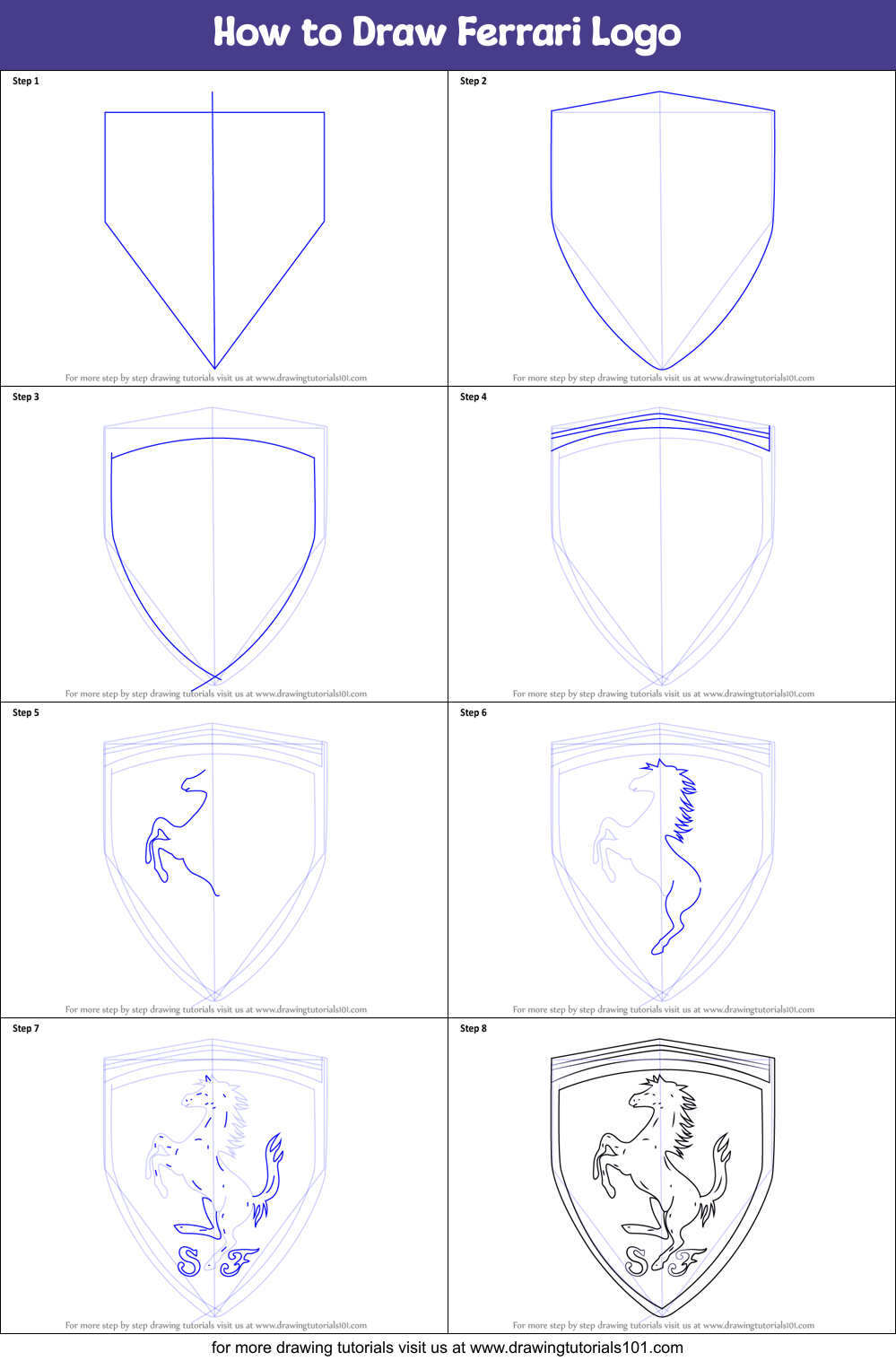 How to Draw Ferrari Logo printable step by step drawing sheet