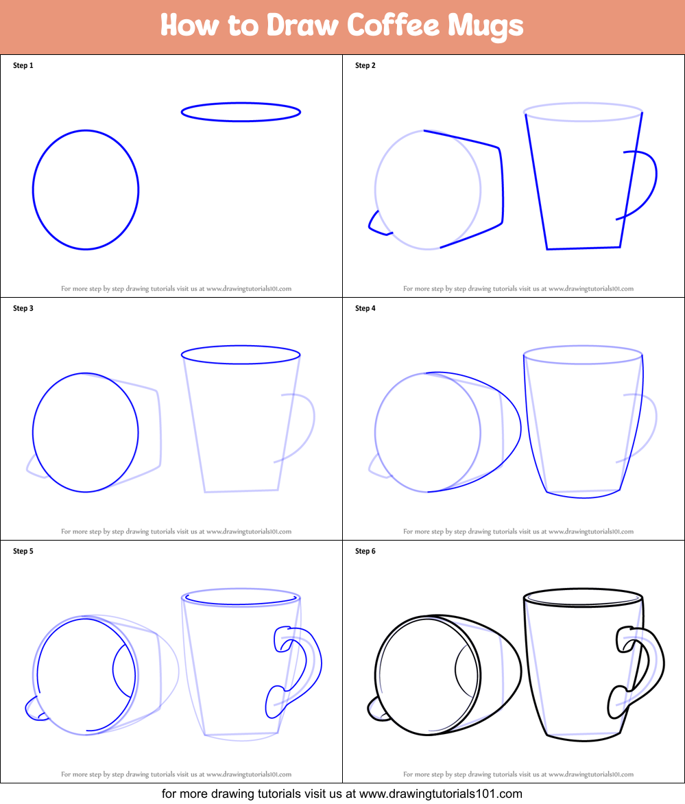How to Draw Coffee Mugs printable step by step drawing sheet