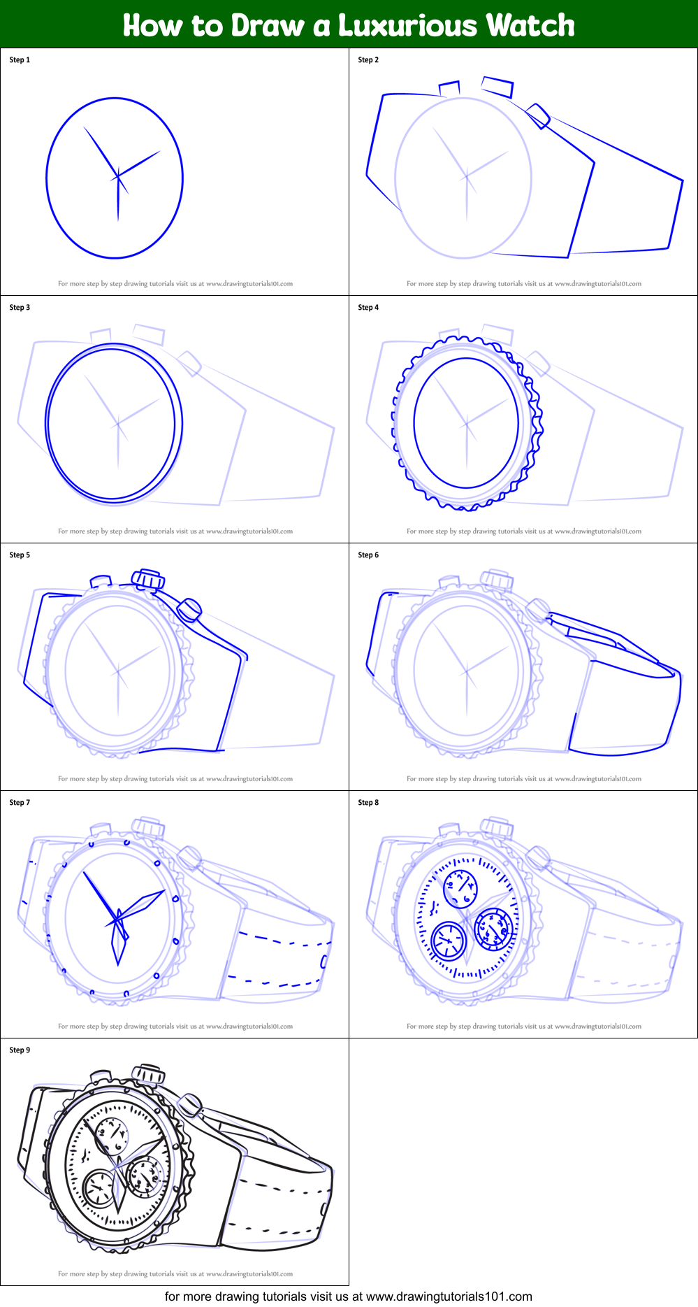 How to Draw a Luxurious Watch printable step by step drawing sheet