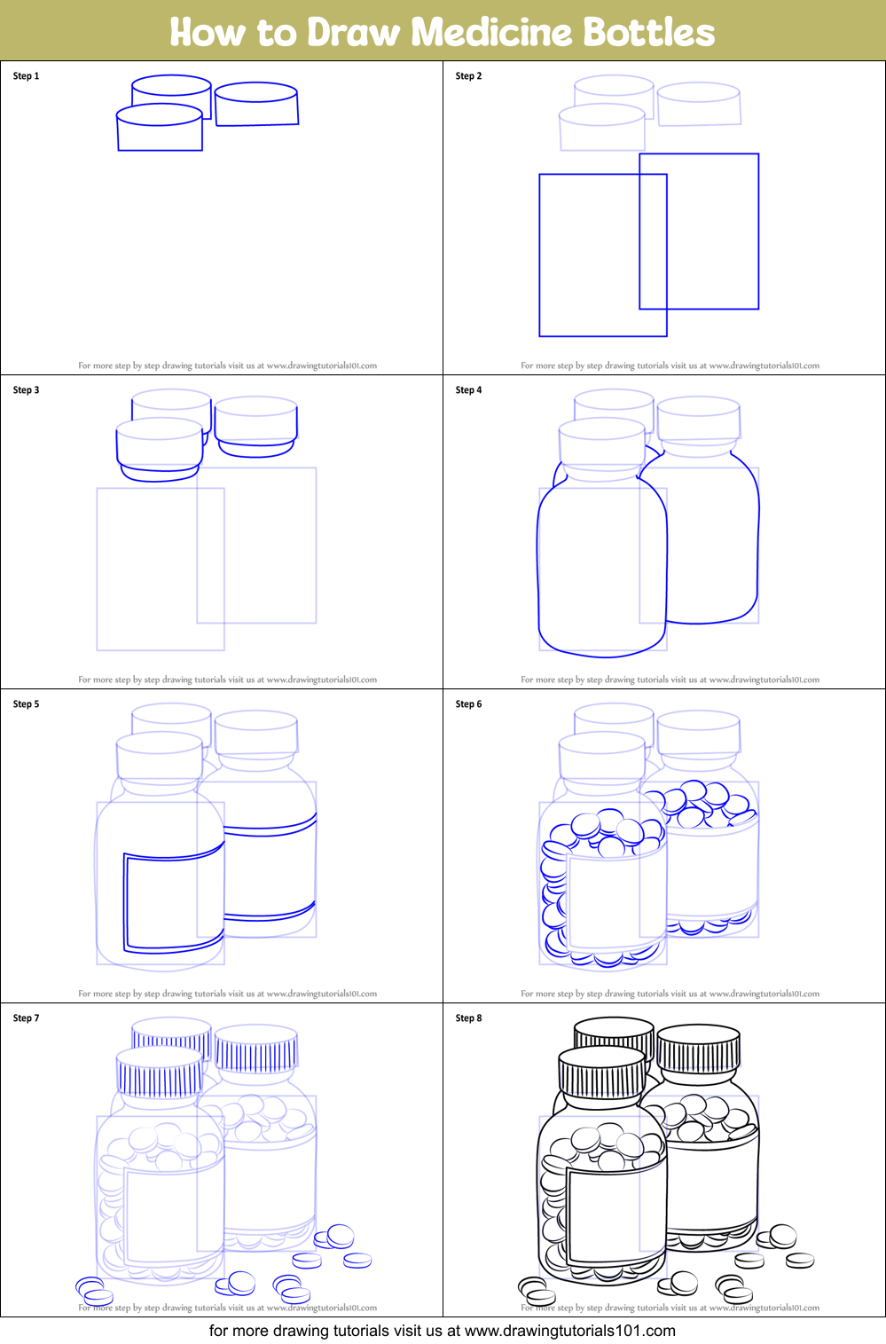 How to Draw Medicine Bottles printable step by step drawing sheet 