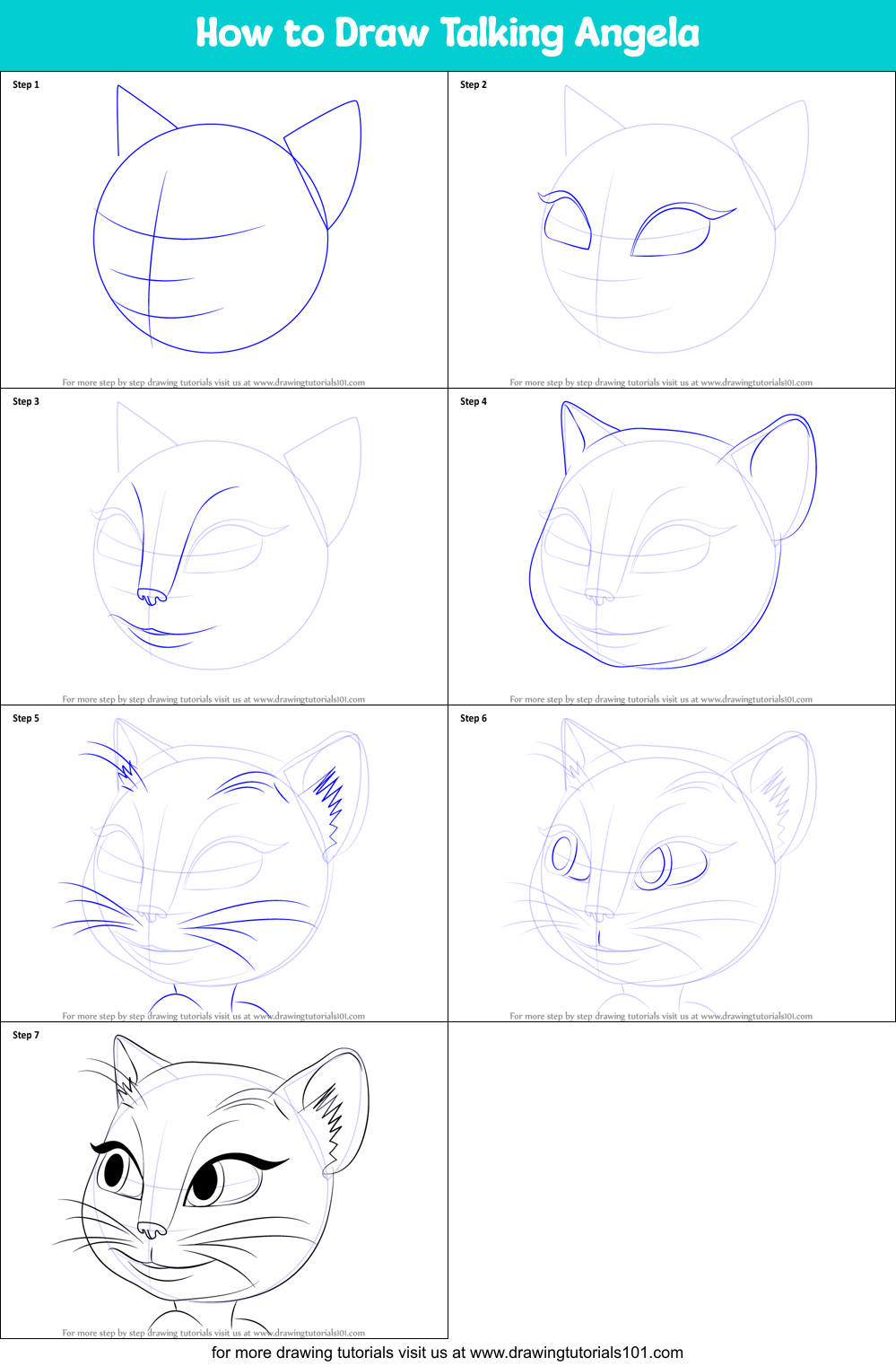 How to Draw Talking Angela printable step by step drawing sheet