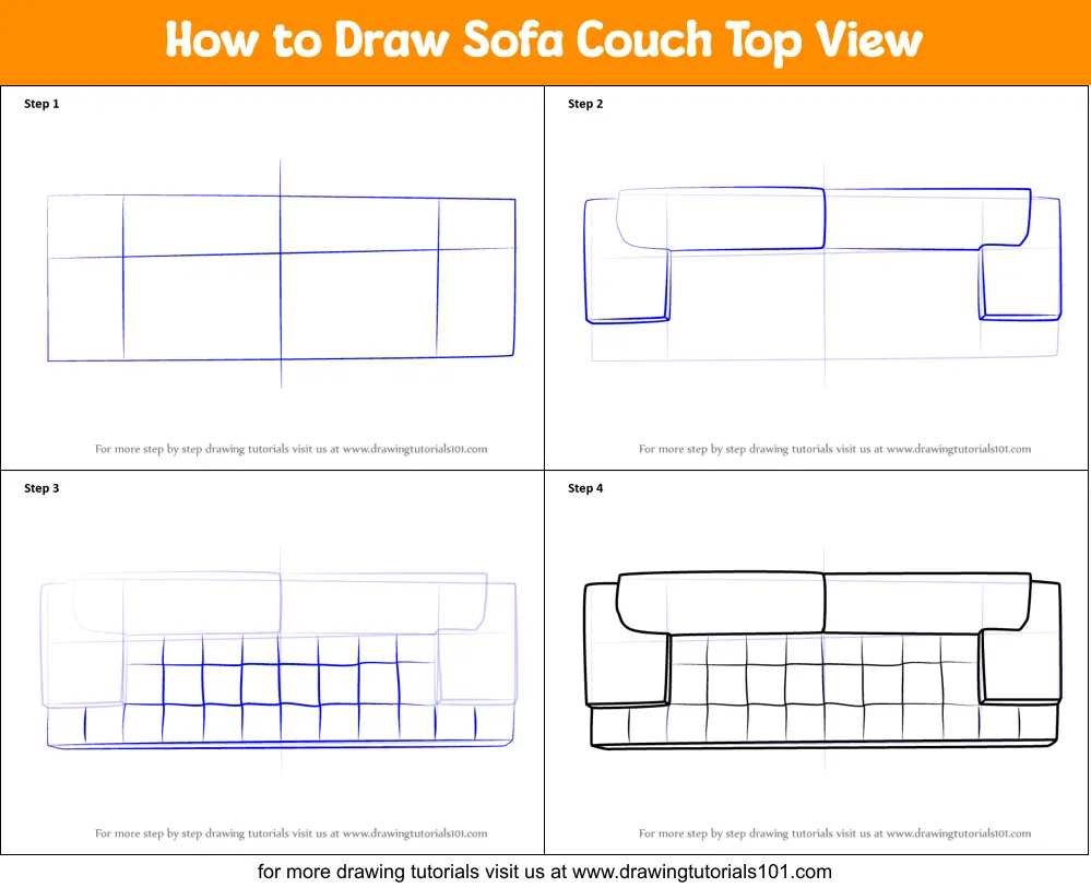 How to Draw Sofa Couch Top View printable step by step drawing sheet
