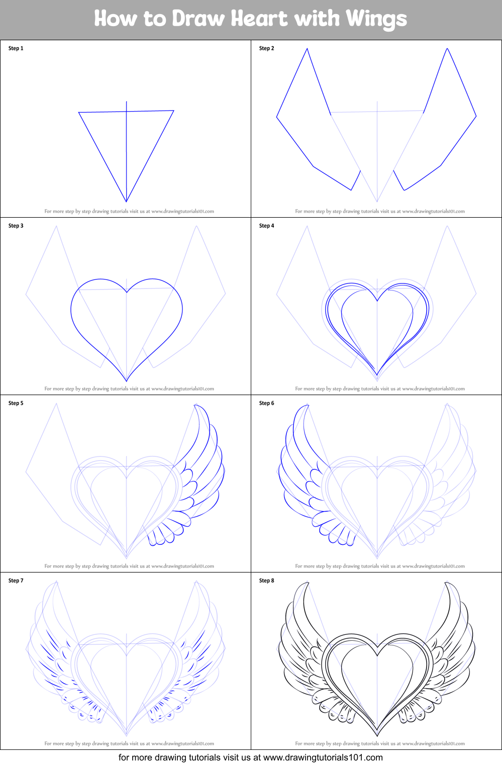 How to Draw Heart with Wings printable step by step sheet : DrawingTutorials101.com