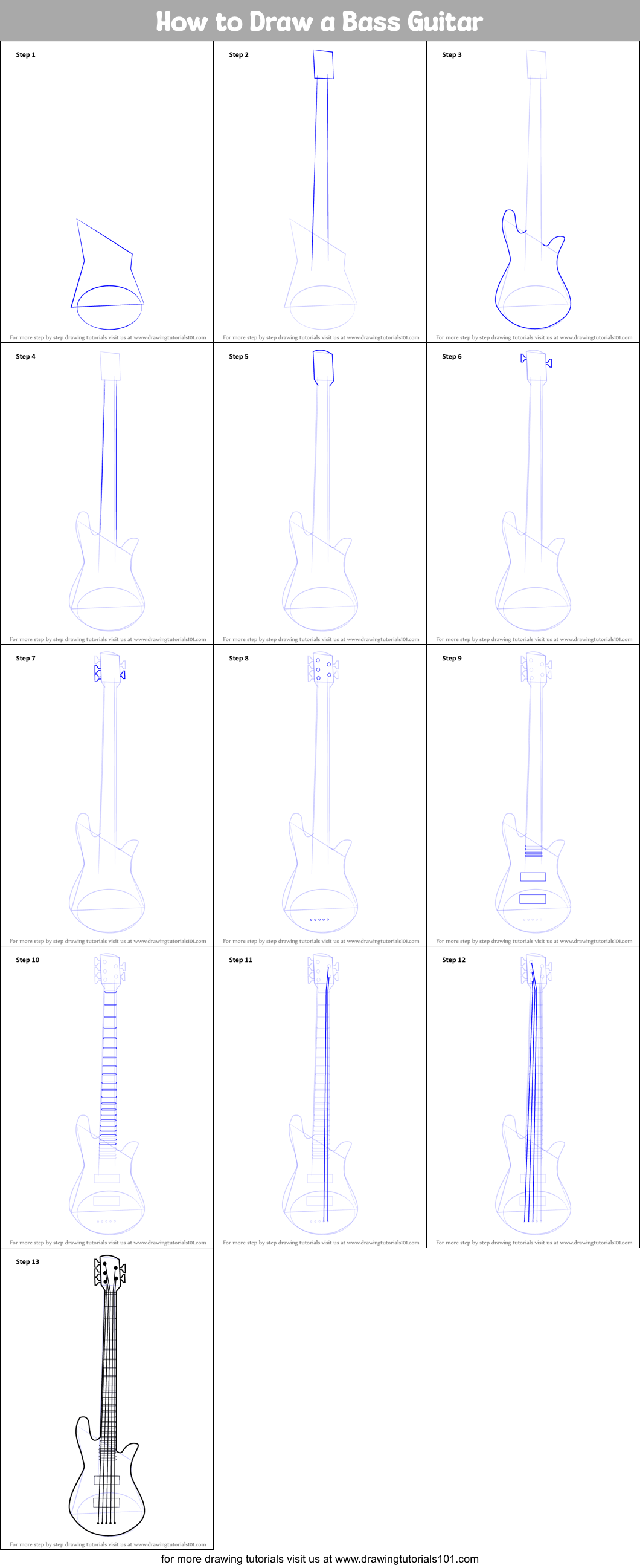 How to Draw a Bass Guitar printable step by step drawing sheet ...