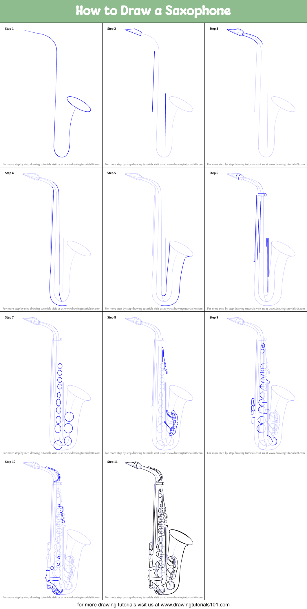 How to Draw a Saxophone printable step by step drawing sheet