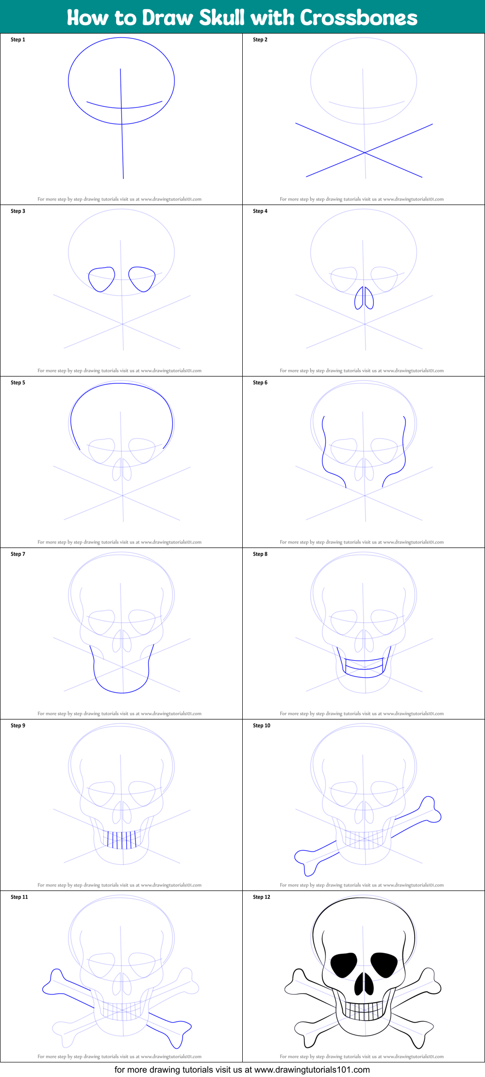 How to Draw Skull with Crossbones printable step by step drawing sheet