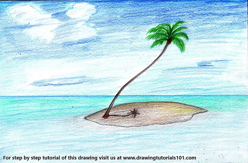 Palm Tree on Island Color Pencil Drawing