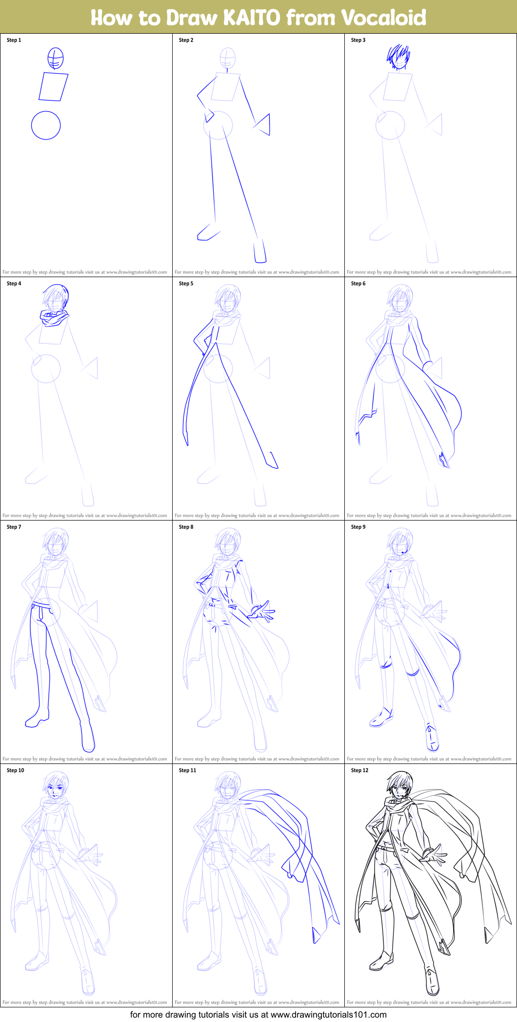 How to Draw KAITO from Vocaloid printable step by step drawing sheet