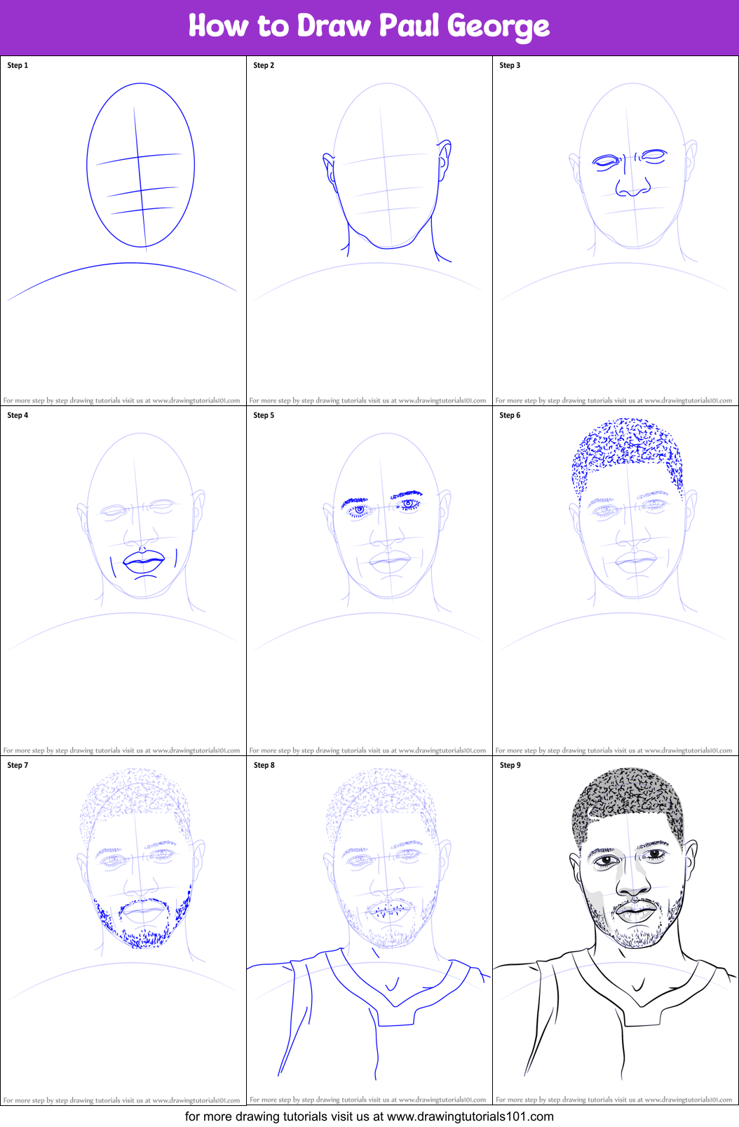 How to Draw Paul George printable step by step drawing sheet ...