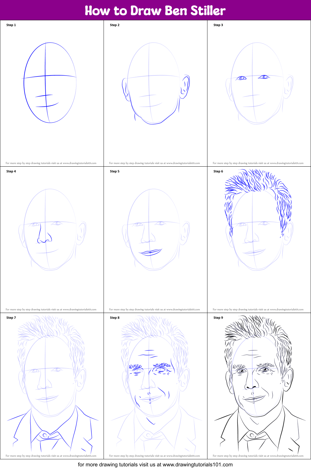 How to Draw Ben Stiller printable step by step drawing sheet ...