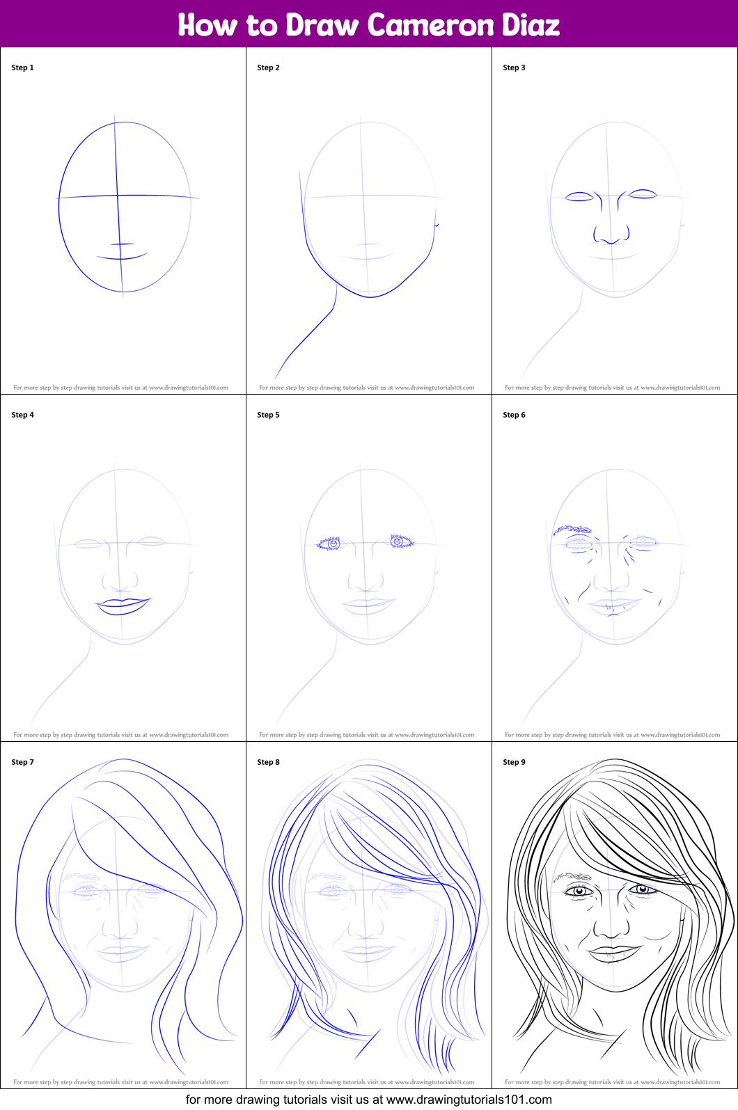 How to Draw Cameron Diaz printable step by step drawing sheet ...