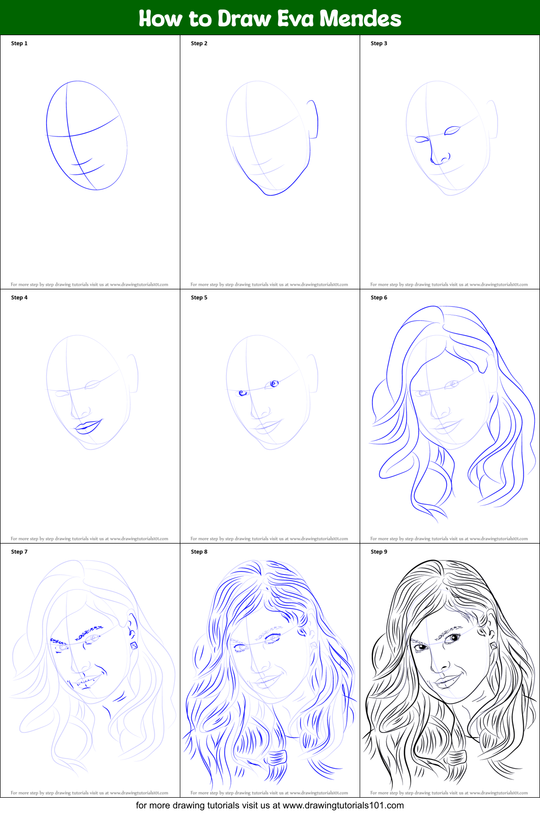 How to Draw Eva Mendes printable step by step drawing sheet ...