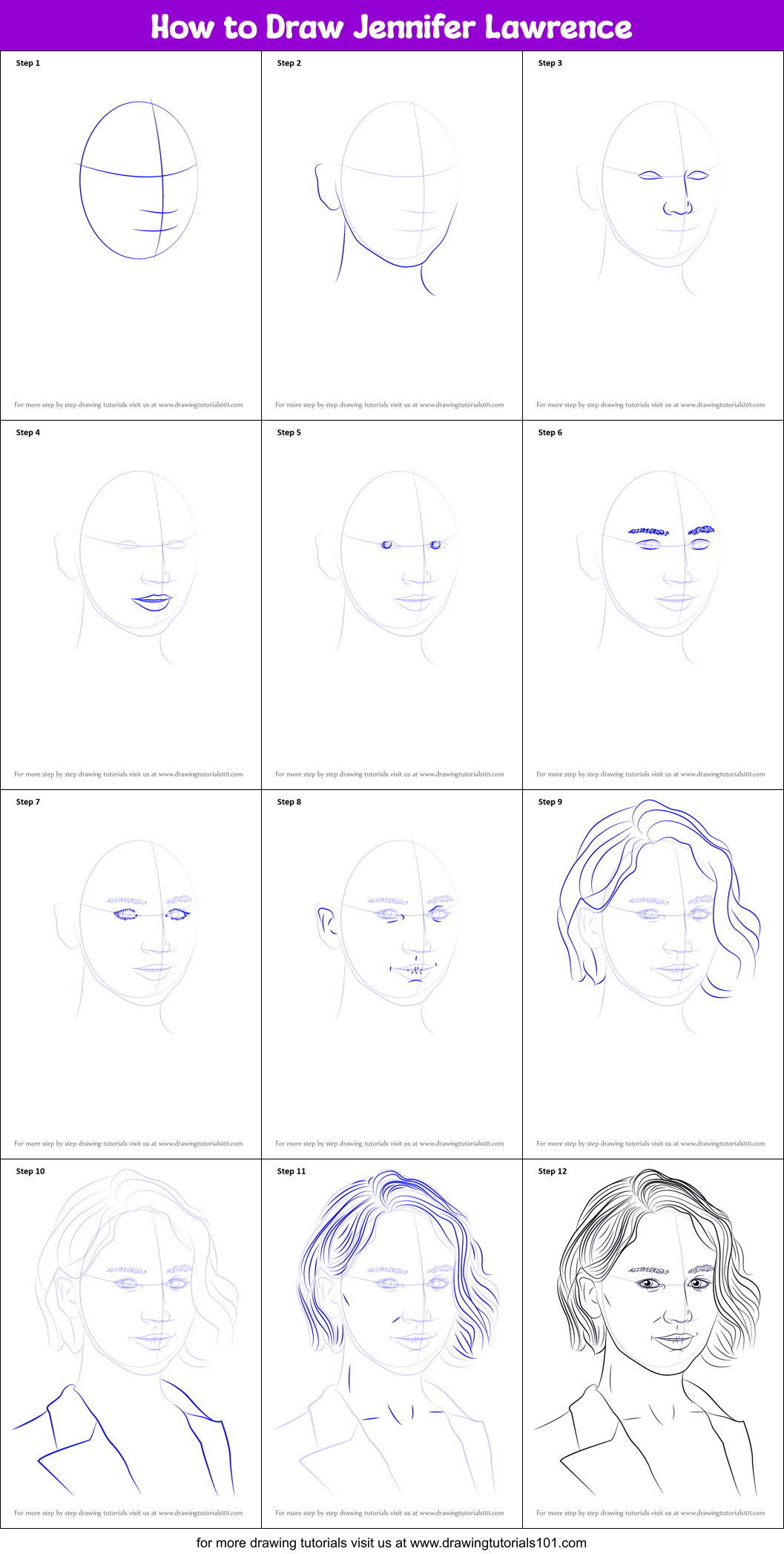 How to Draw Jennifer Lawrence printable step by step drawing sheet ...