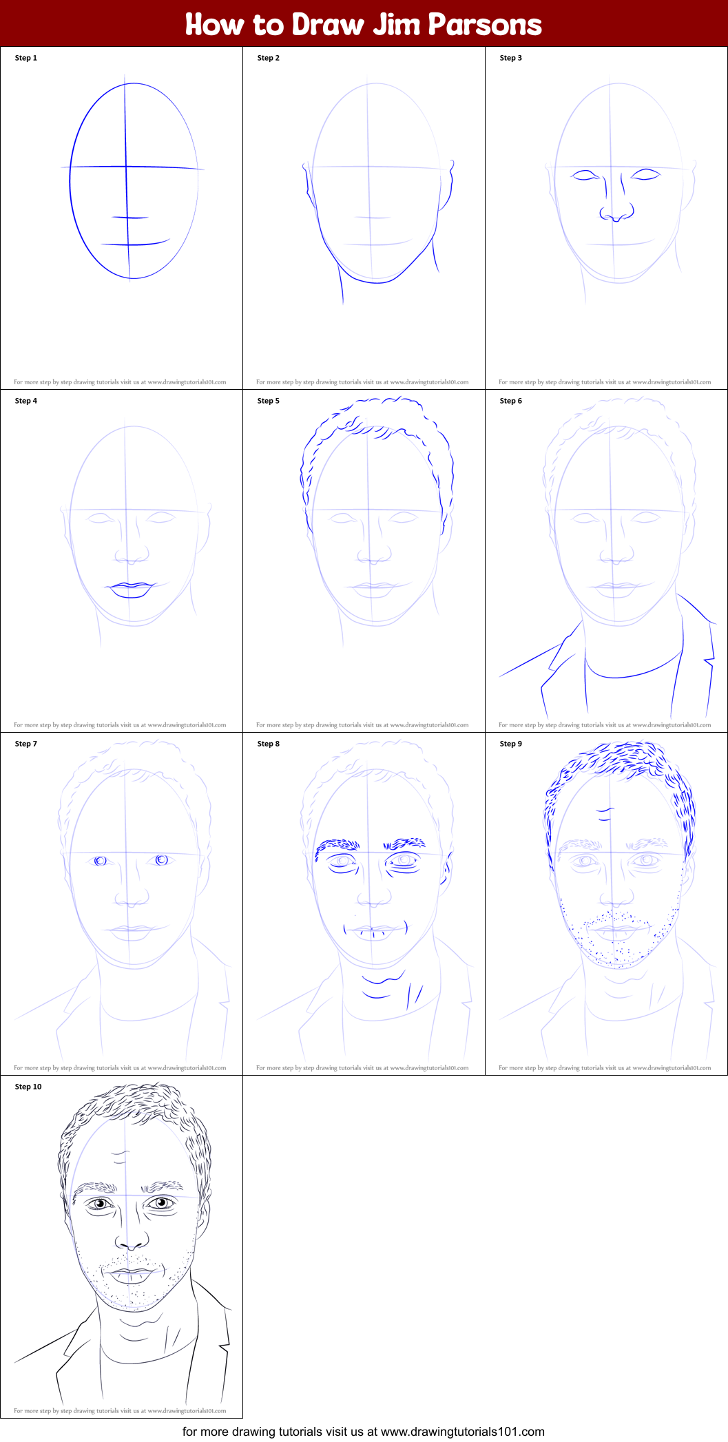 How to Draw Jim Parsons printable step by step drawing sheet ...