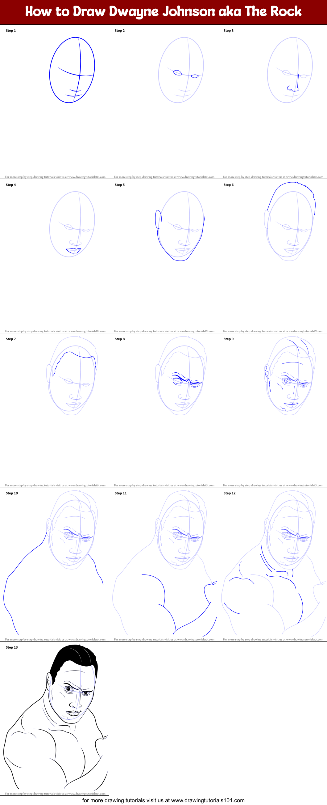 How to Draw Dwayne Johnson aka The Rock printable step by step drawing