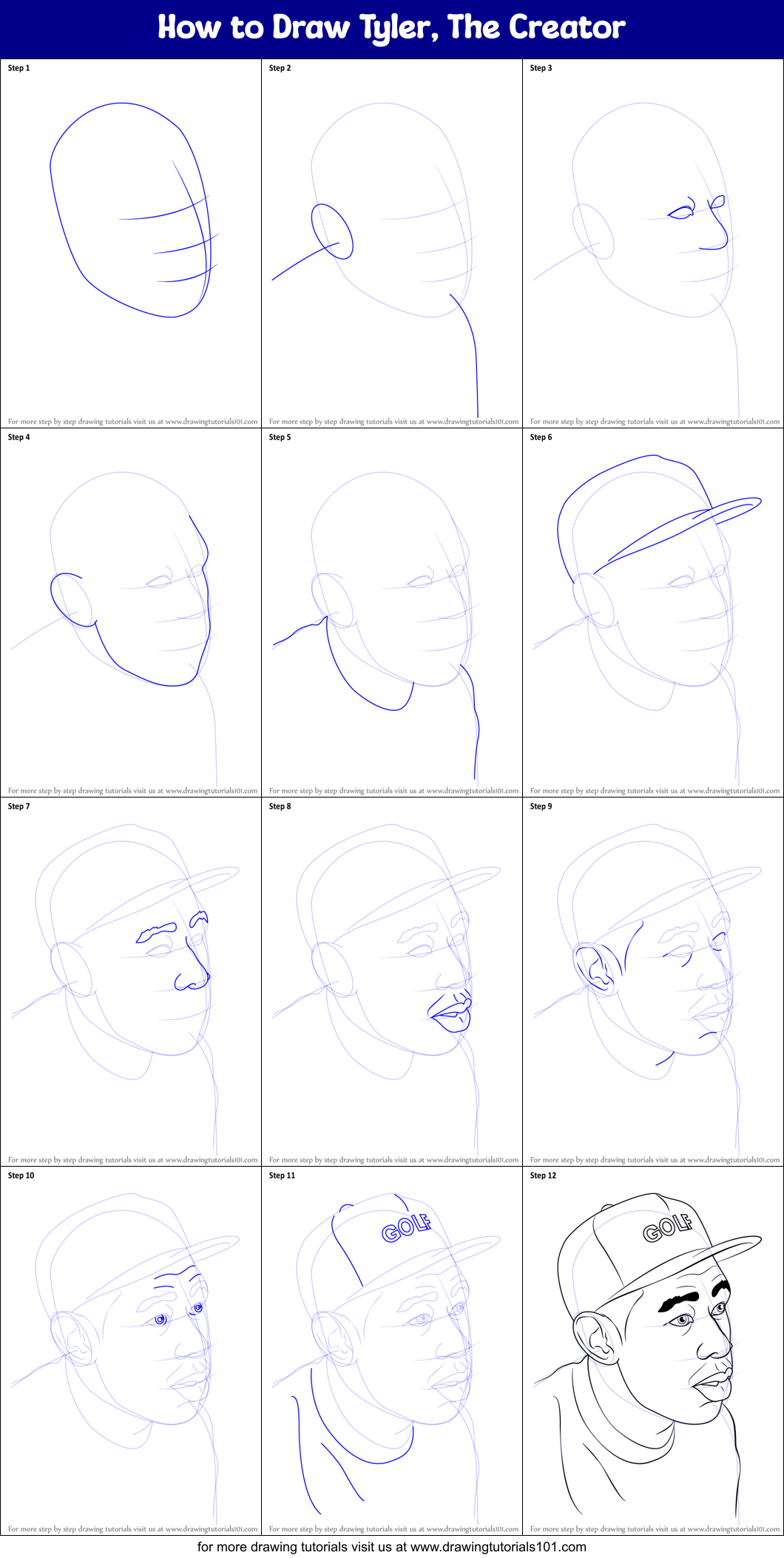 How to Draw Tyler, The Creator printable step by step drawing sheet