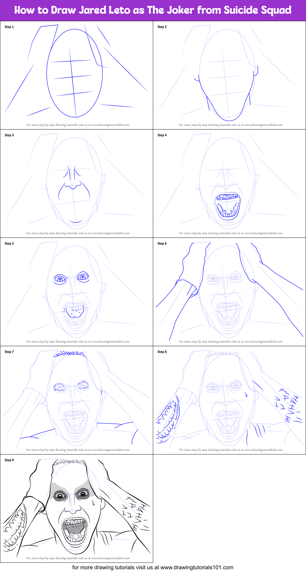 How to Draw Jared Leto as The Joker from Suicide Squad printable step