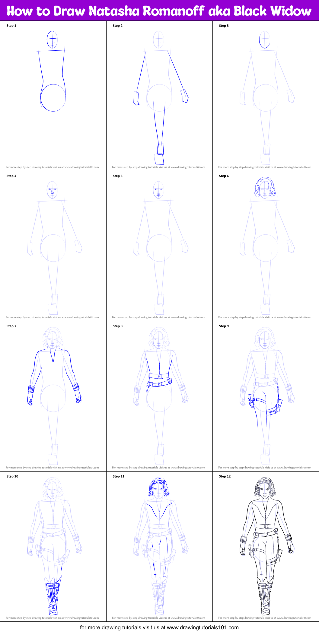 How To Draw Natasha Romanoff Aka Black Widow Printable Step By Step ...