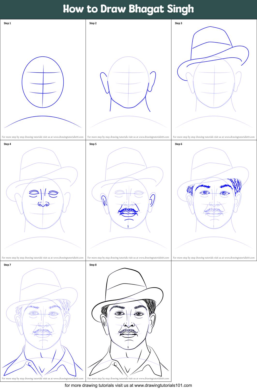 How to Draw Bhagat Singh printable step by step drawing sheet ...