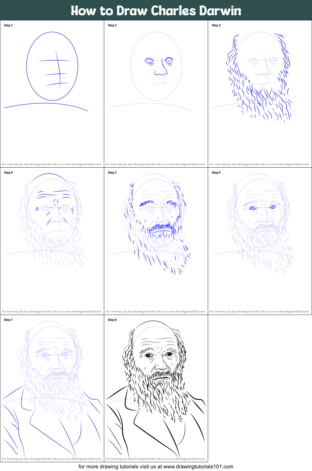 How to Draw Charles Darwin printable step by step drawing sheet