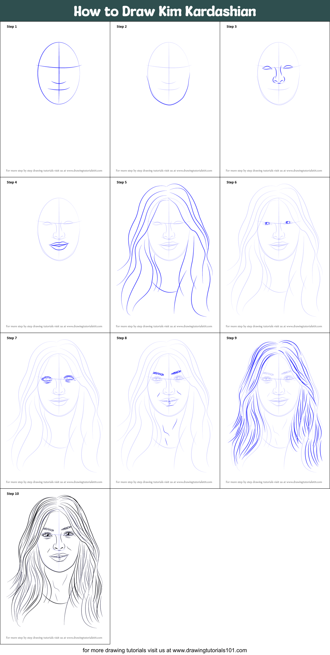 How to Draw Kim Kardashian printable step by step drawing sheet ...