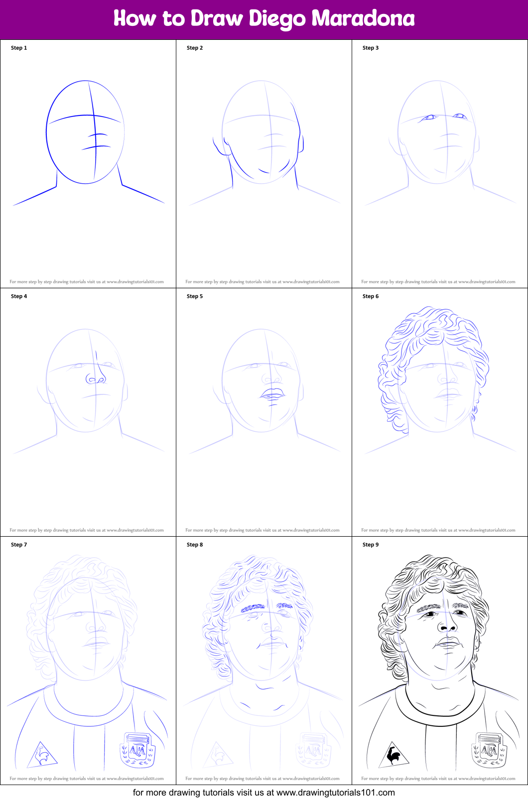 How to Draw Diego Maradona printable step by step drawing sheet