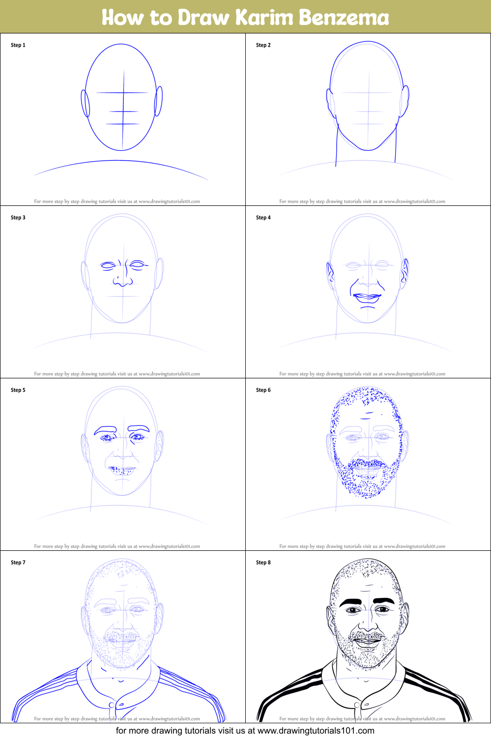 How to Draw Karim Benzema printable step by step drawing sheet