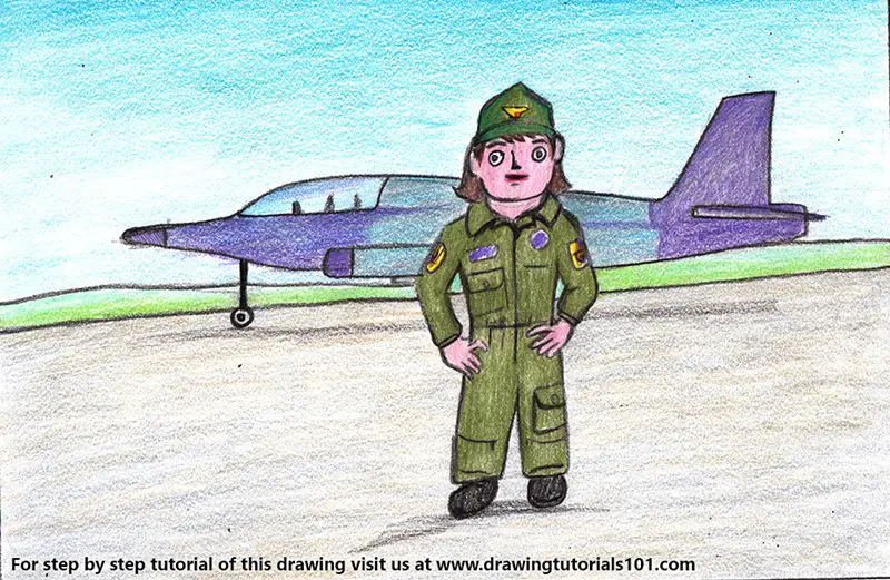 Airforce Pilot for Kids Scene Color Pencil Drawing