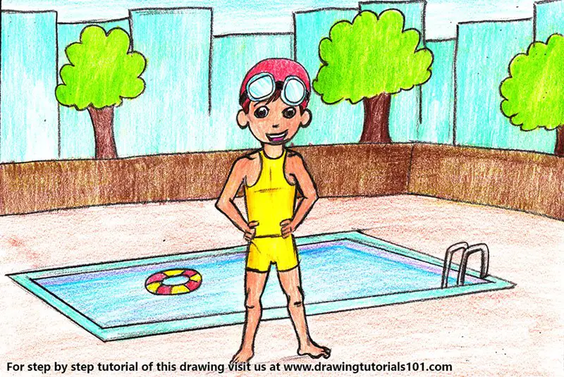 Boy in a Swimsuit Color Pencil Drawing