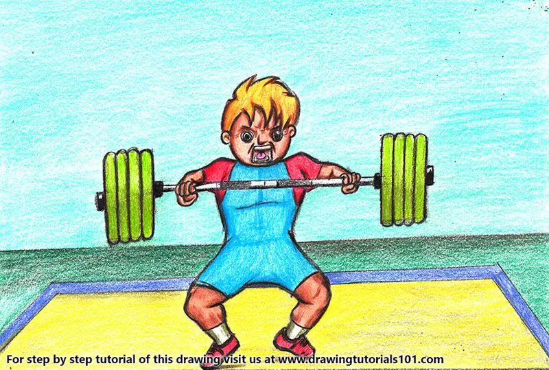 Boy Lifting Weight Color Pencil Drawing