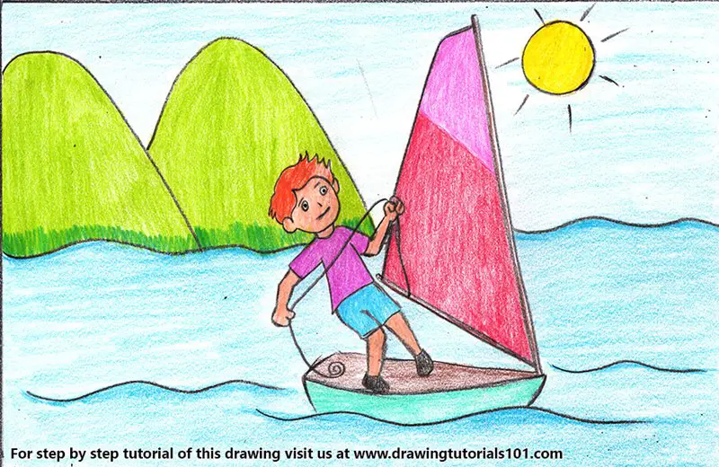 Boy Sailing Scene Color Pencil Drawing