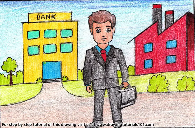 Businessmen with Briefcase Scene Color Pencil Drawing