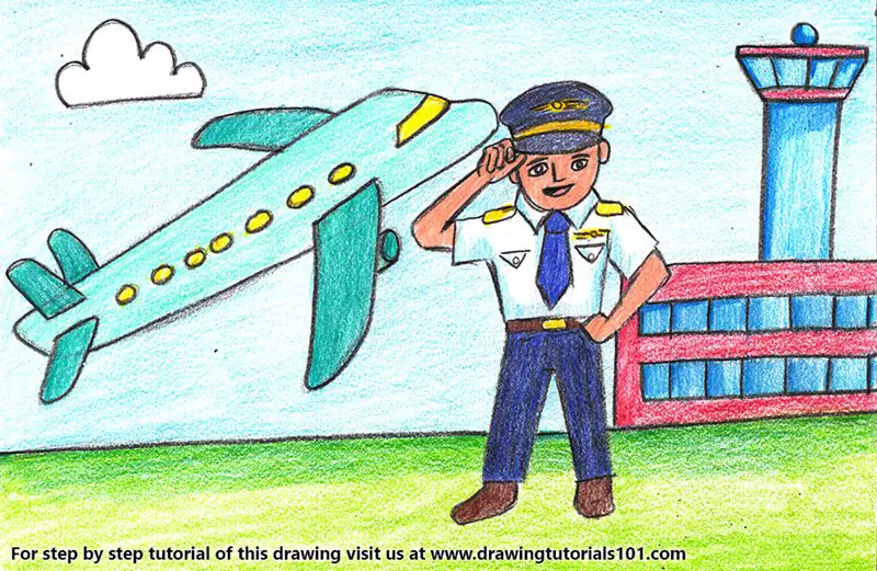 Cartoon Pilot Color Pencil Drawing