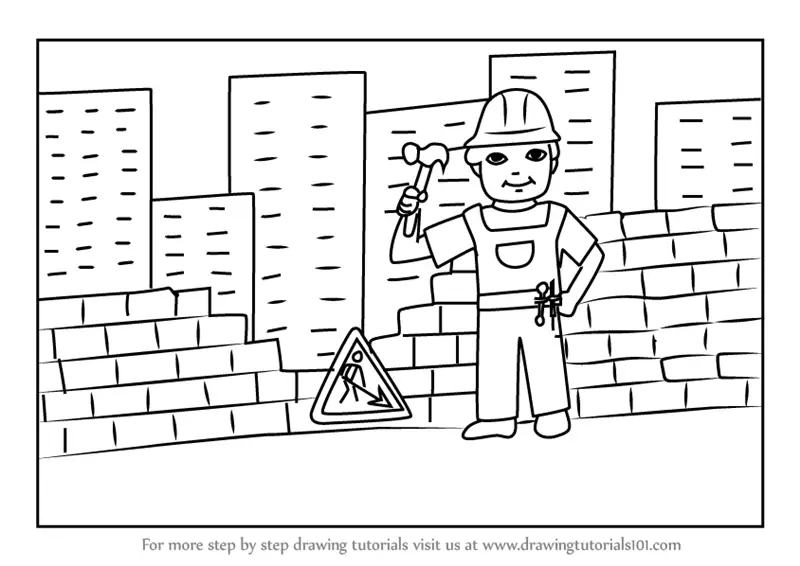 Learn How to Draw a Construction Worker Scene (Other Occupations) Step ...