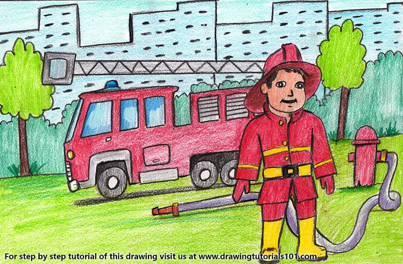 Firefighter with Fire truck Color Pencil Drawing