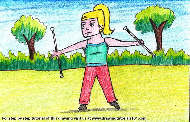 Girl Baton Twirling Sport Color Pencil Drawing
