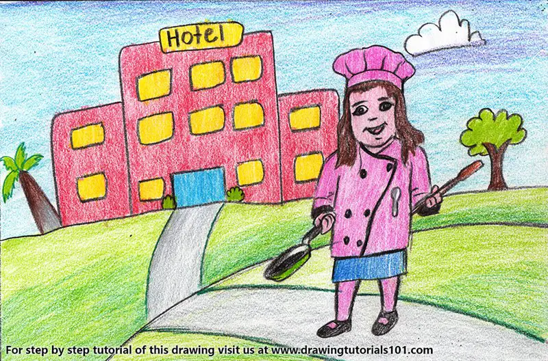 Girl Chef outside Hotel Color Pencil Drawing
