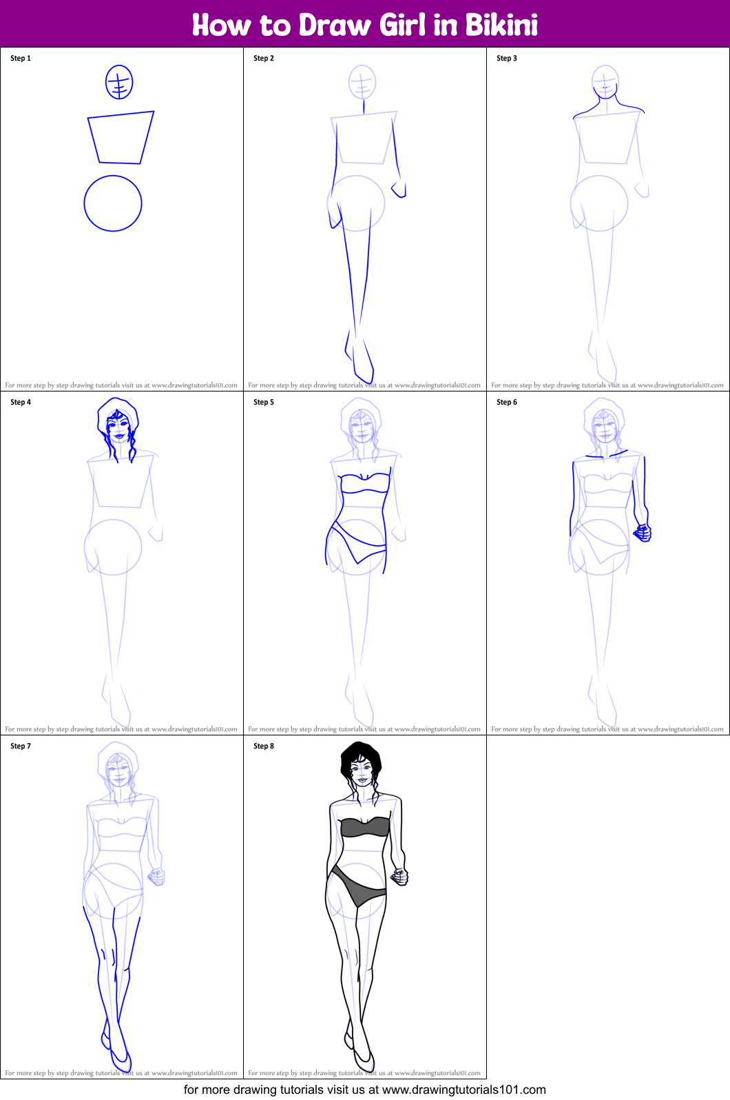 How to Draw Girl in Bikini printable step by step drawing sheet