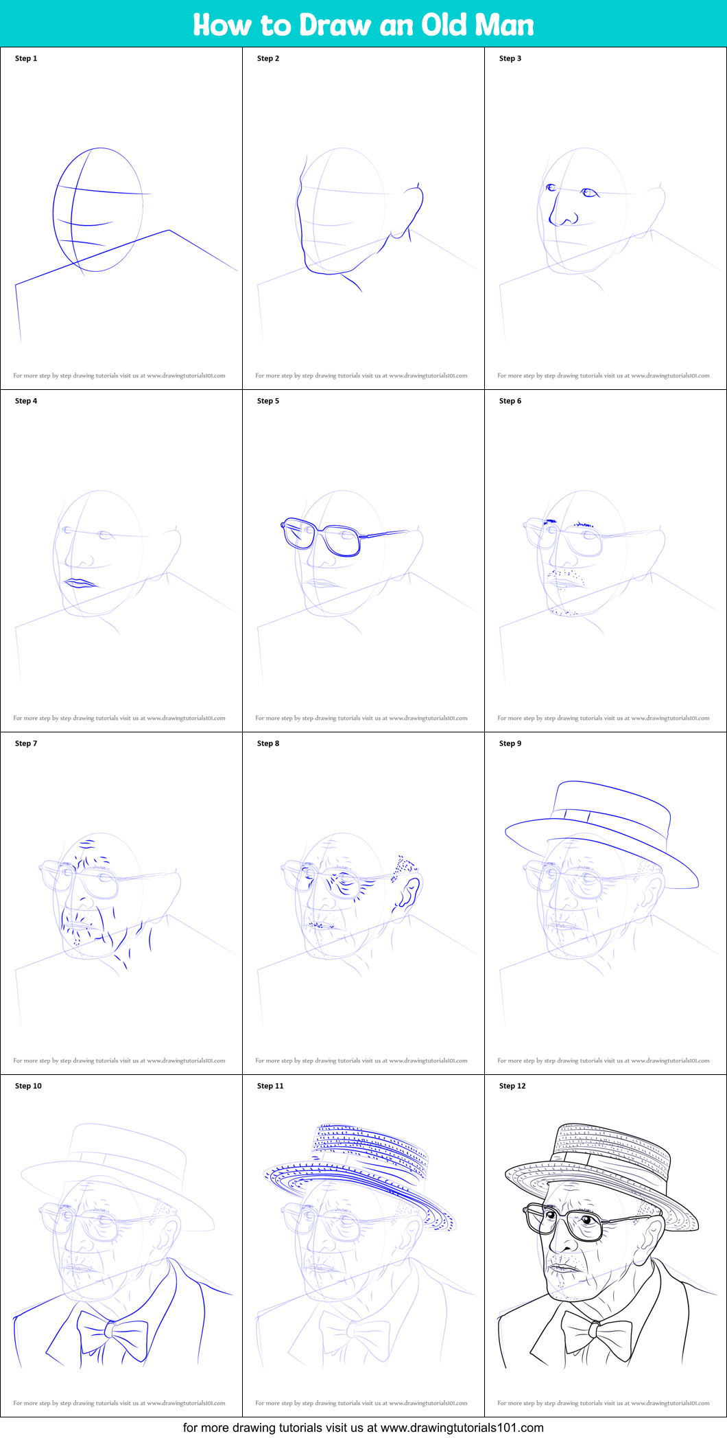 How to Draw an Old Man printable step by step drawing sheet