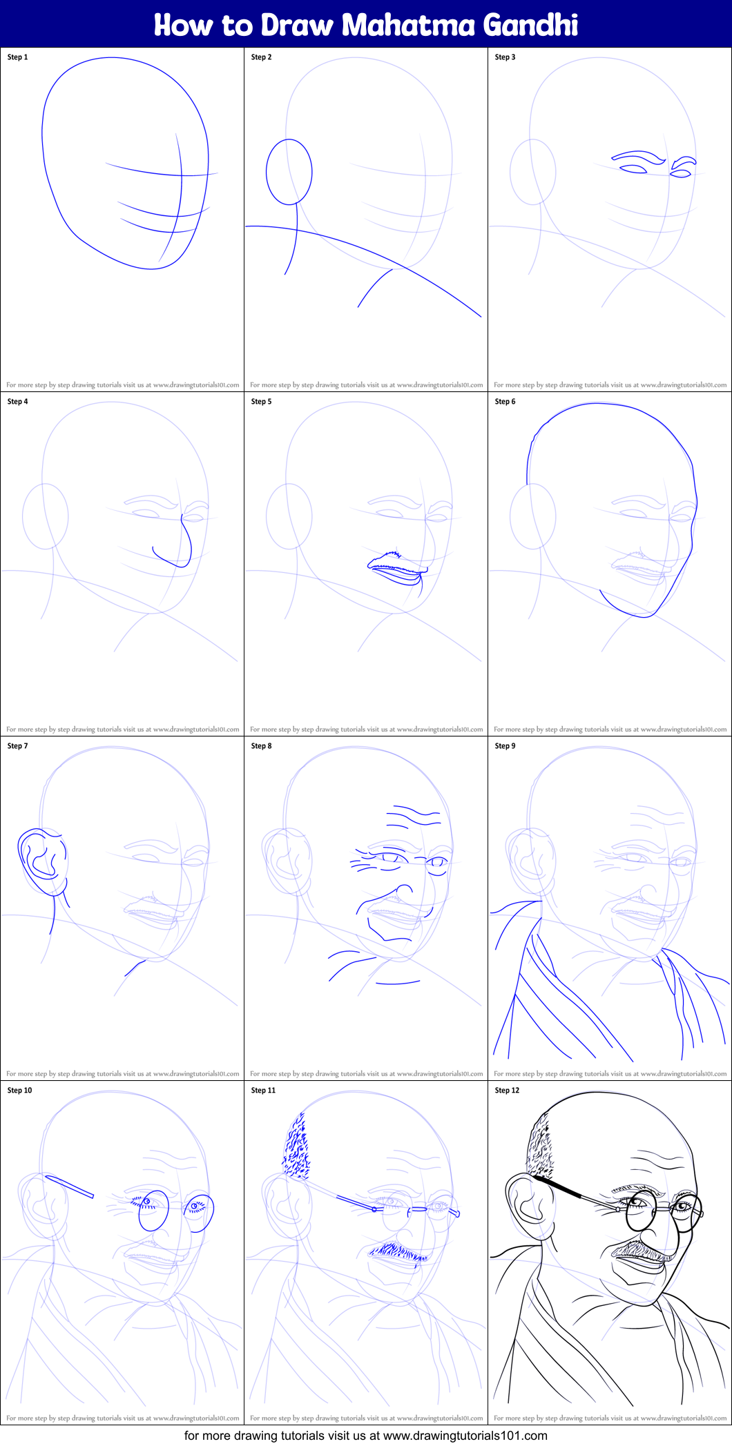 How to Draw Mahatma Gandhi printable step by step drawing sheet ...